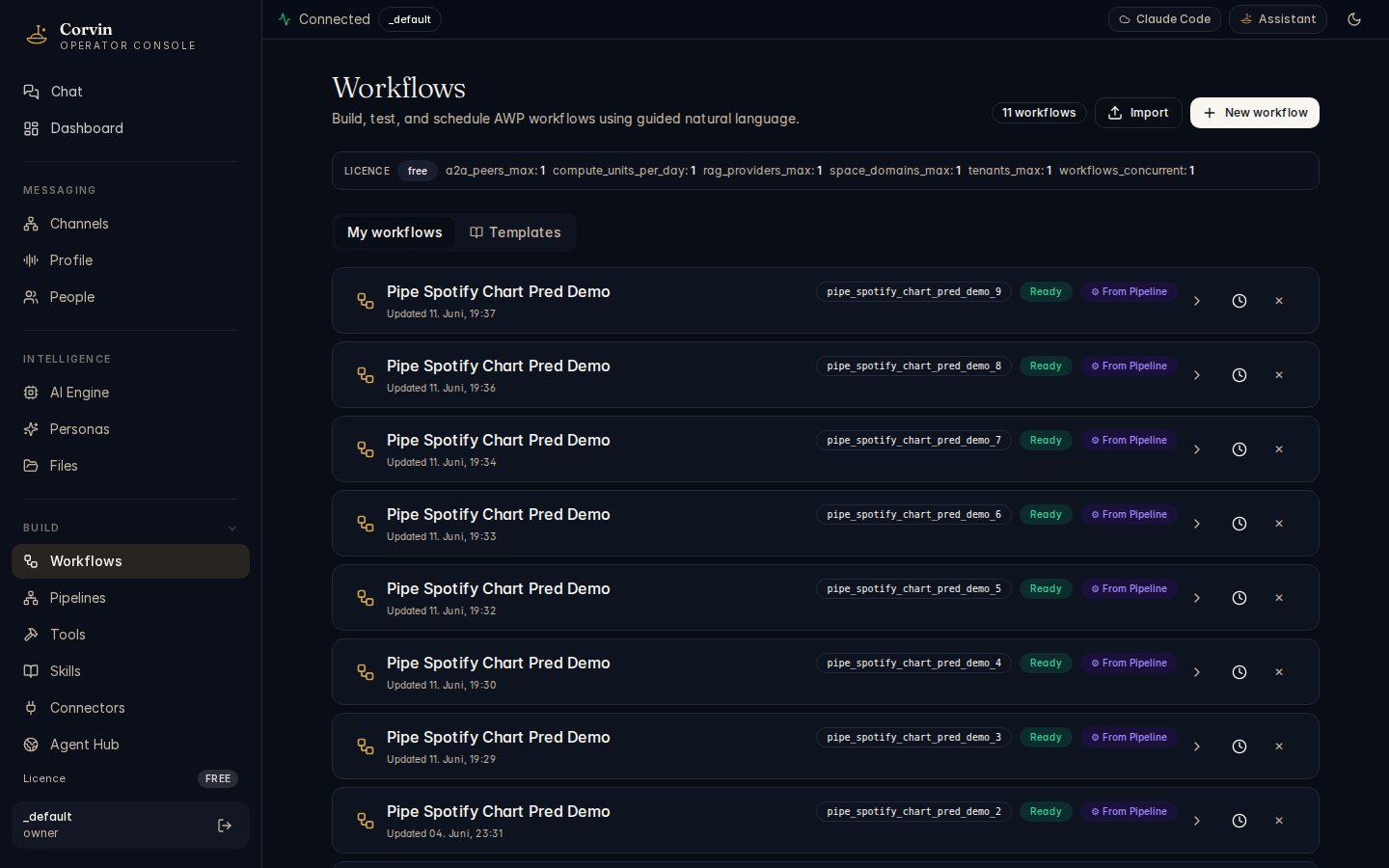 CorvinOS Workflows page