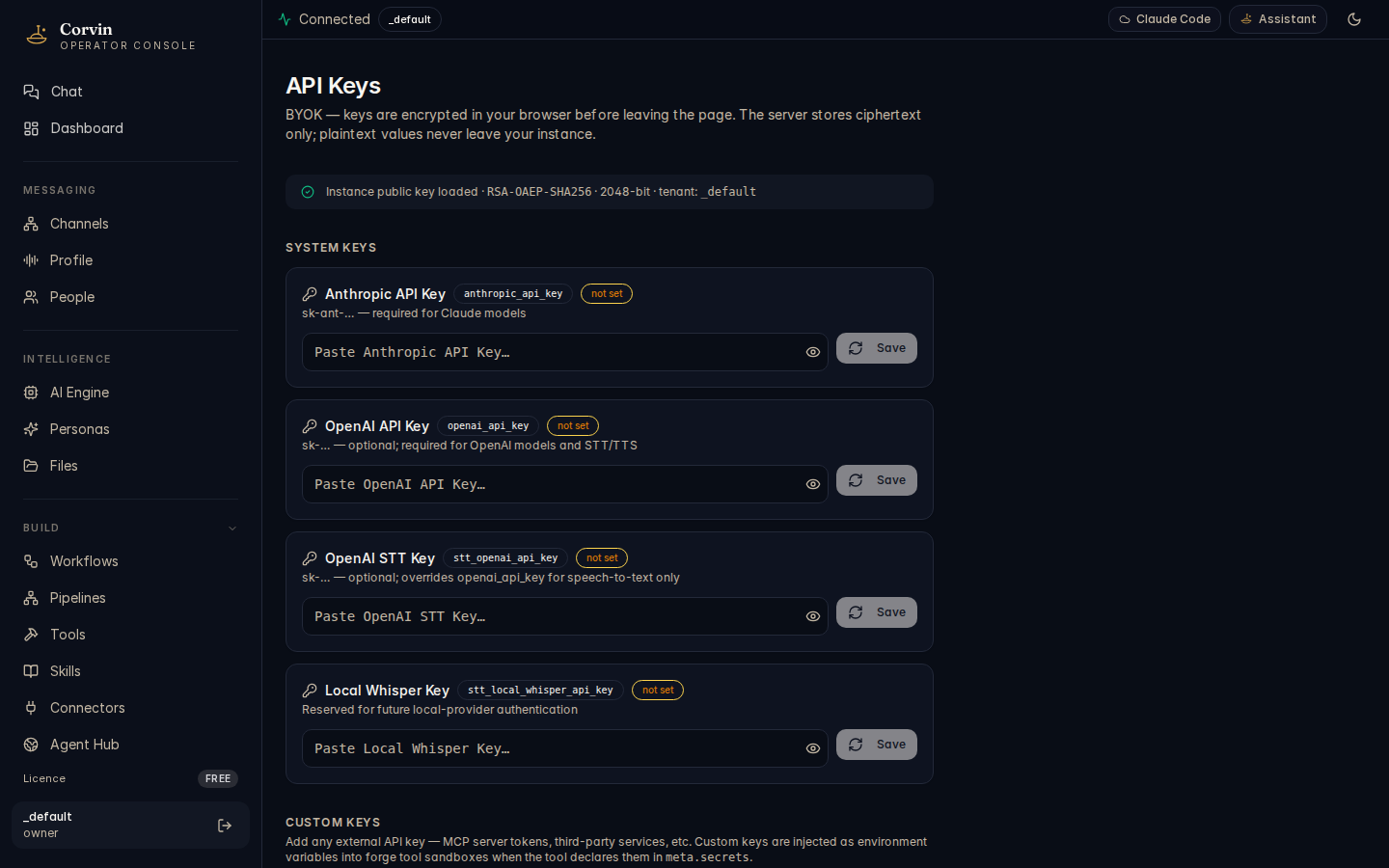 CorvinOS API Keys (BYOK) page