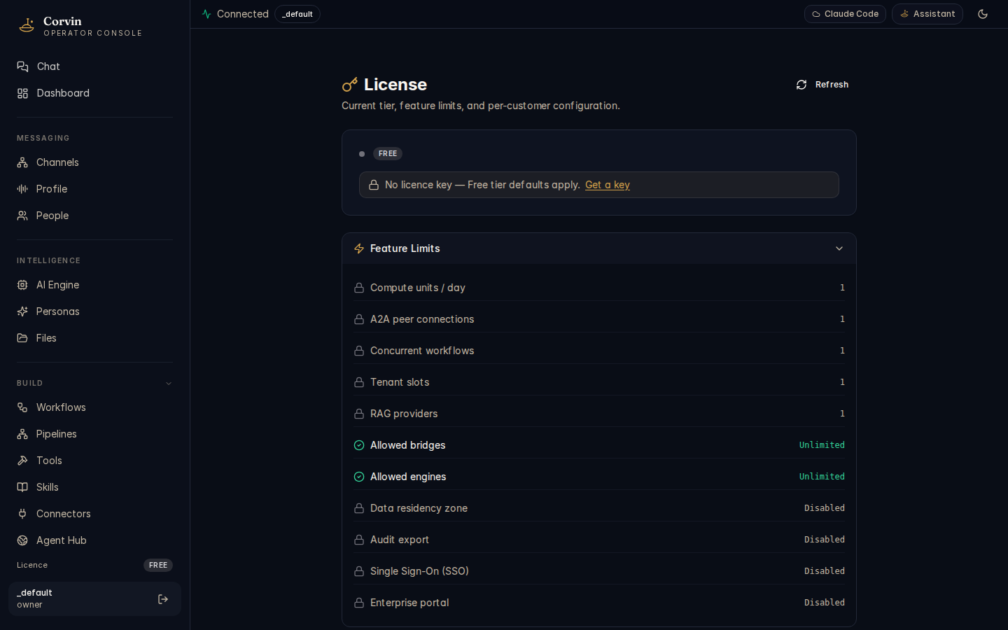 CorvinOS License page — Free tier