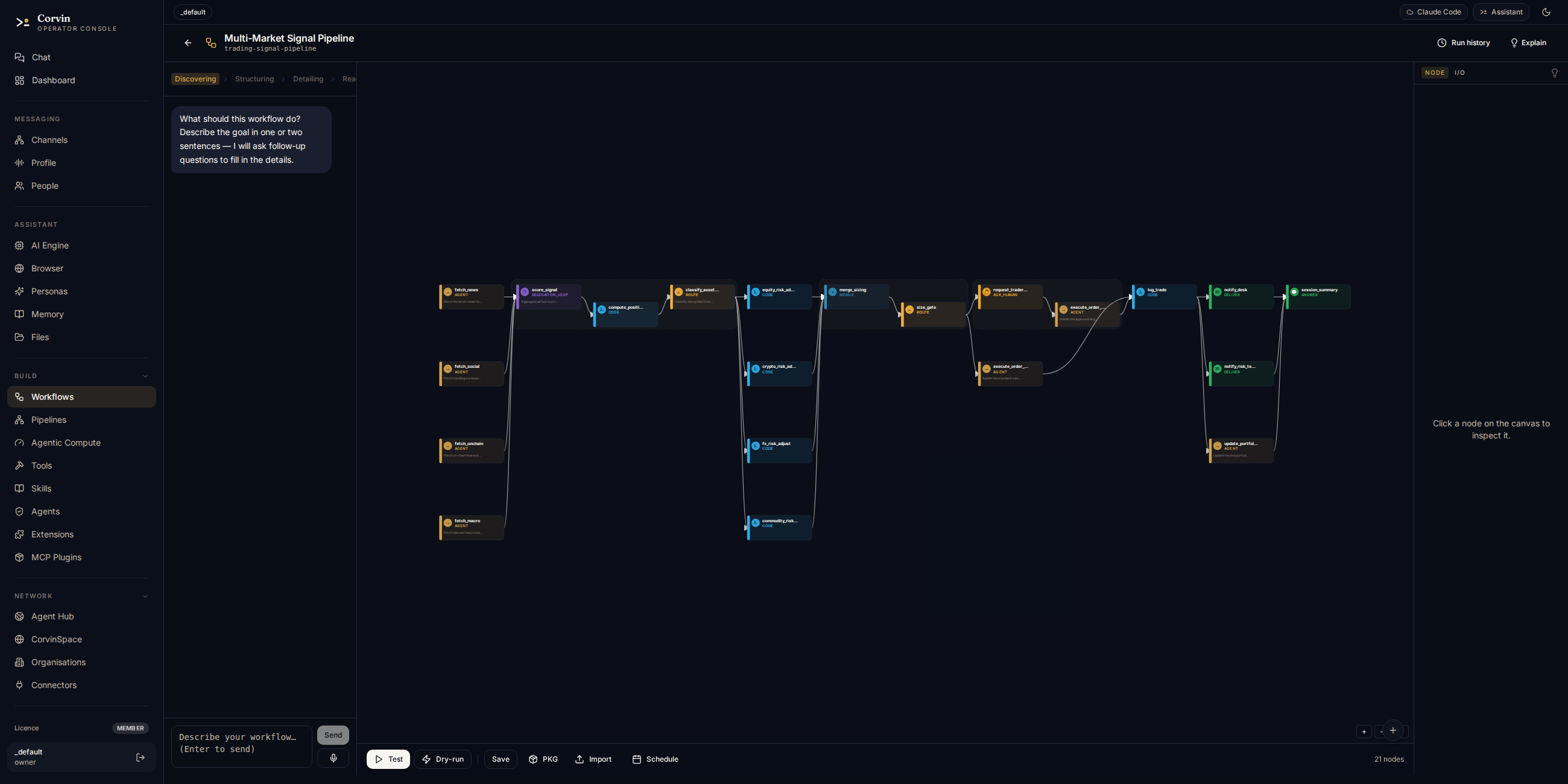Corvin workflow builder — multi-market trading signal pipeline